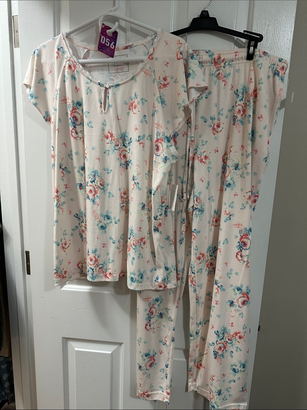 Charter Club Cream Floral Short Sleeve Pajama Set with Pink & Teal Flowers